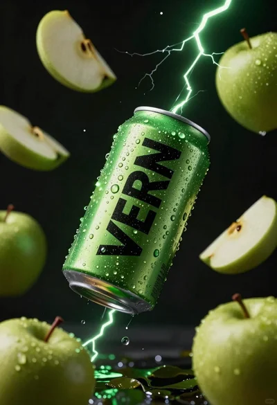 Hyper realistic green energy drink can floating with apples in dark void