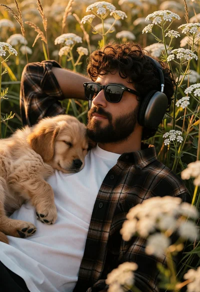 Man resting in wildflowers with sleeping golden retriever puppy portrait