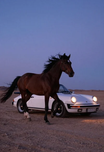 White porsche convertible near galloping dark horse at twilight
