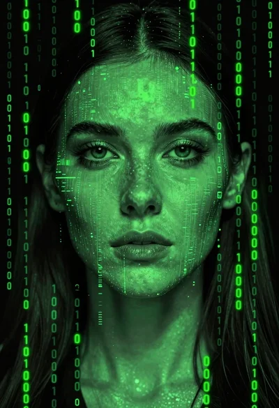 Close up portrait of womans face made of cascading green digital code