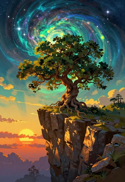 Ancient tree on a jagged cliff overlooking cosmic nebula