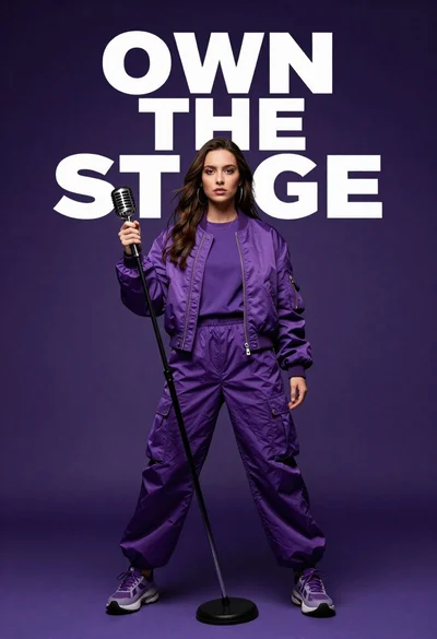 Singer in purple outfit with microphone against violet background