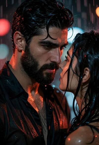 Close up portrait of man and woman gazing intensely in heavy night