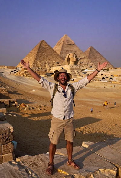 Exhilarated man taking selfie at giza pyramids during twilight