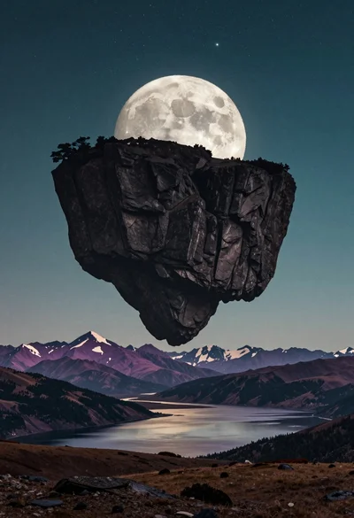 Surreal floating rock island silhouetted against starry night sky