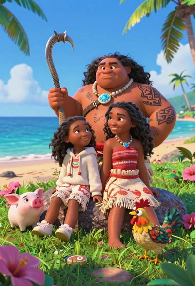 Three disney characters on a tropical grassy rock