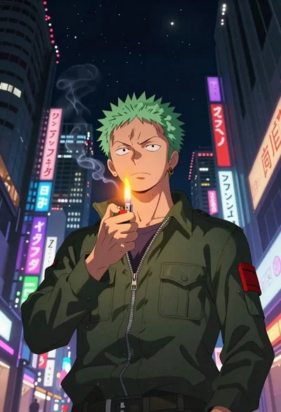 Young man with green hair in neon japanese city