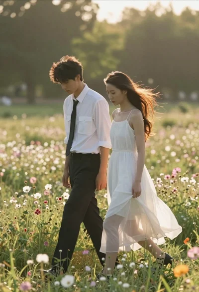 Young couple walking side by side through a sundrenched field of wildflowers