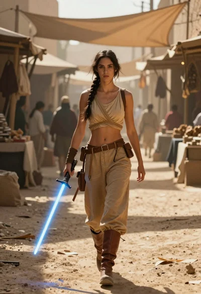 Woman with lightsaber in dusty marketplace alleyway