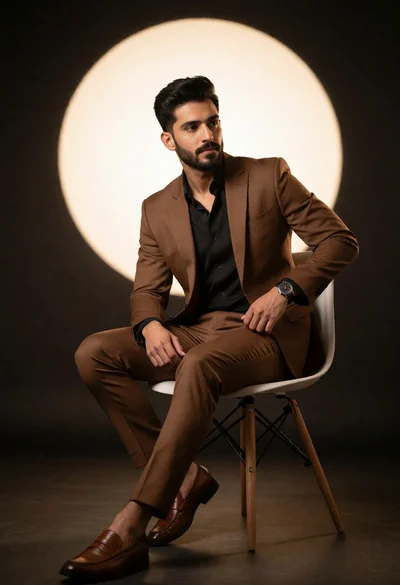 Young man in brown suit sitting on white chair against dark studio