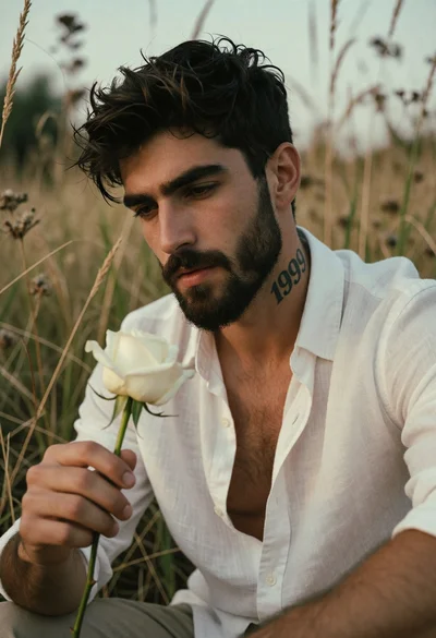 Young man with beard holding white rose in field of dry grass