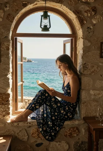 Young woman reading book by arched window overlooking turquoise ocean view