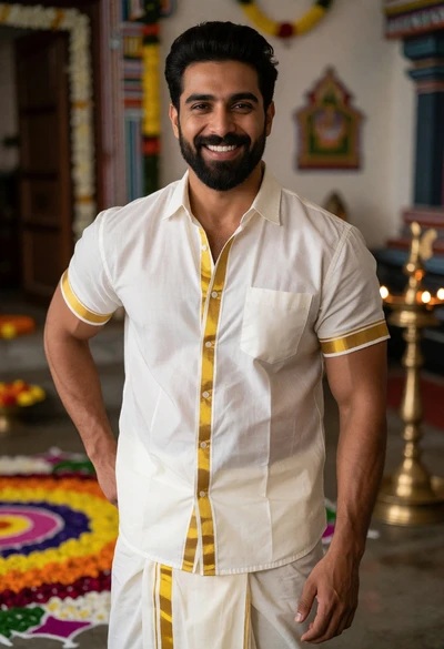 Man in traditional indian attire standing inside a temple setting