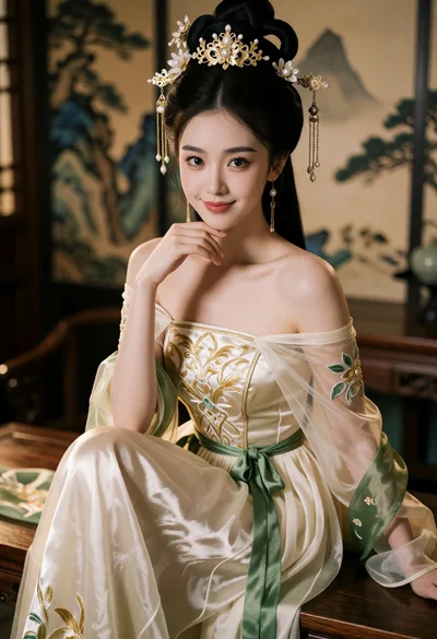 East asian woman in cream silk gown seated indoors with traditional asian