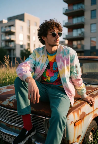 Young man on rusty vintage car hood in urban setting at golden