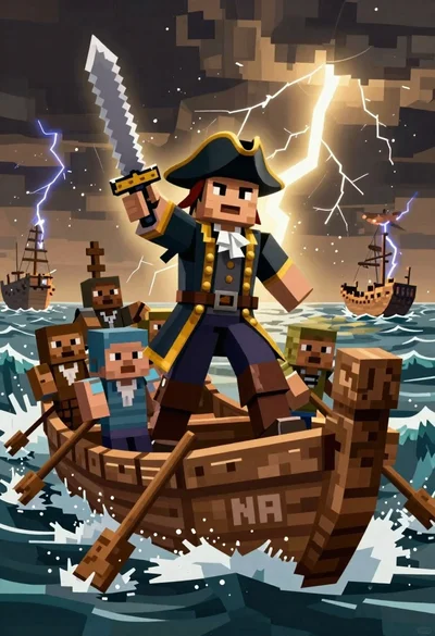 Blocky pirate captain in stormy seas digital painting