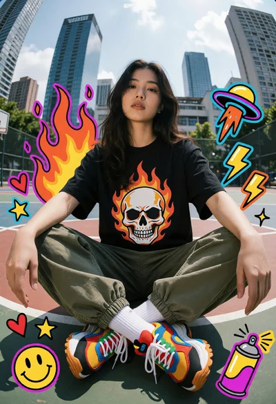 Young woman sitting cross legged on basketball court with city skyline background