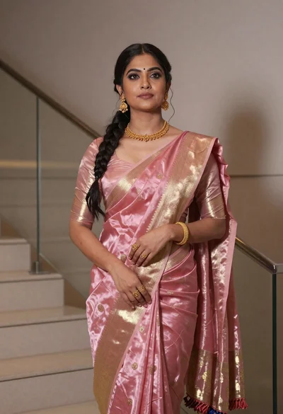 Woman in shimmering pink silk saree standing indoors near modern staircase