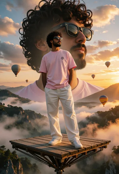 Man on wooden platform above misty mountain valley at sunrise