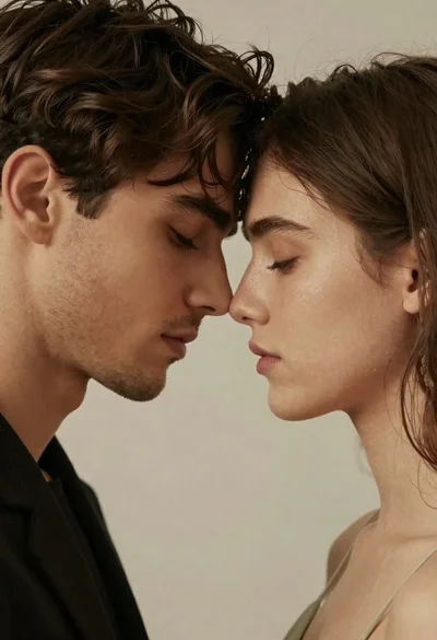 Close up portrait of a man and woman touching foreheads together