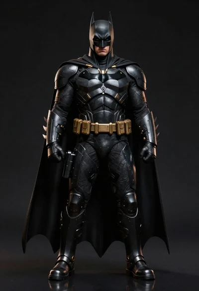 Batman in detailed armored suit against dark background
