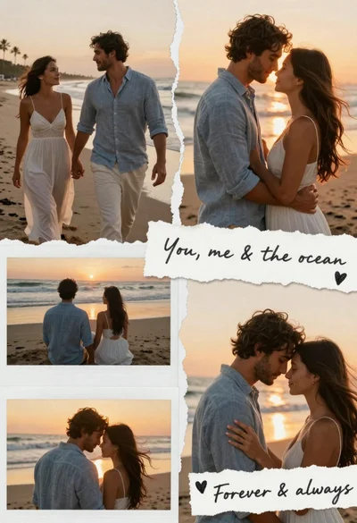 Romantic collage of a couple in white and blue outfits at sunset