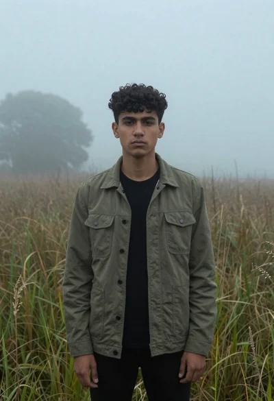 Young man with dark curly hair standing in misty tall grass field