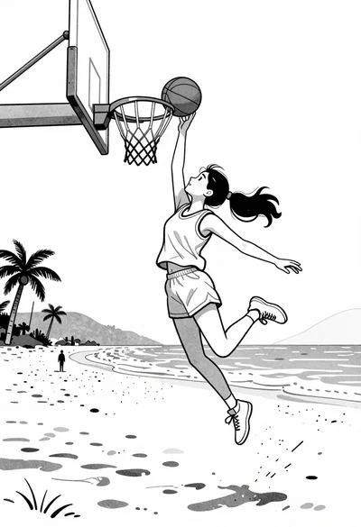 Girl jumping high to dunk basketball on a sandy beach near ocean