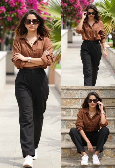 Stylish woman in brown shirt and black trousers posing outdoors collage