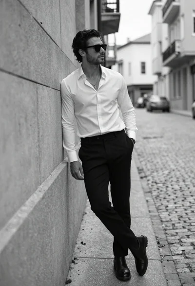 Stylish man in white shirt leaning against concrete wall on cobblestone street