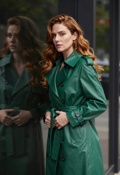Poised woman in emerald trench coat against dark reflective glass surface