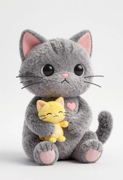 Large grey plush cat holding tiny yellow kitten in white studio setting