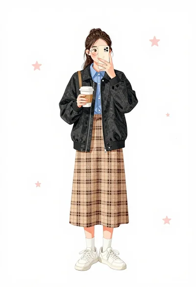 Young woman taking mirror selfie holding coffee cup in full body shot