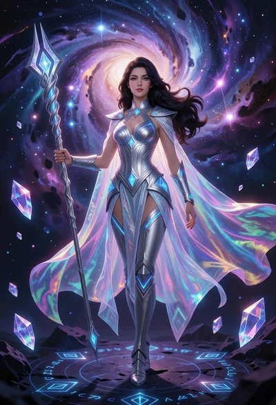 Woman in silver armor holding staff within a cosmic galaxy void