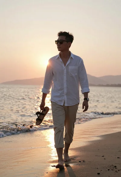 Asian man walking barefoot on wet beach at sunset
