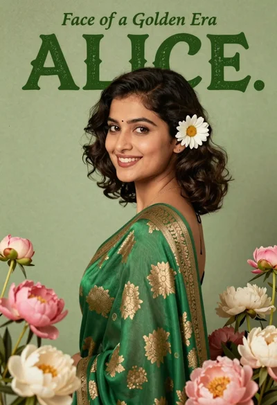 Portrait of smiling young woman in green silk sari with floral frame