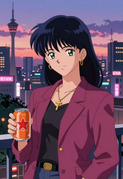Young woman on urban balcony at twilight