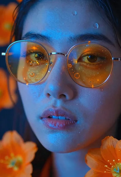 Close up portrait with sunglasses and orange flowers
