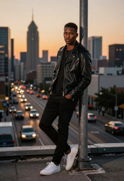 Stylish man leaning on pole overlooking city at dusk