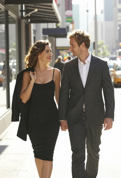 Couple walking hand in hand on sunny city sidewalk