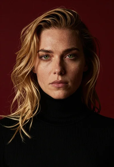 Closeup portrait of fairskinned woman with blonde hair and green eyes in