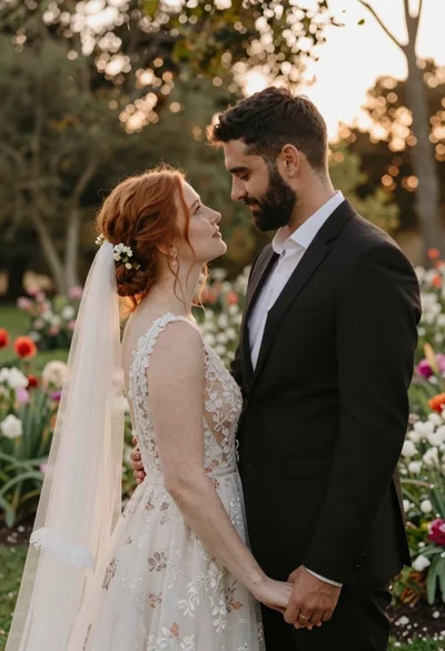Redhaired bride and groom embracing in garden at golden hour
