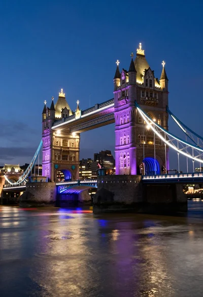 Wide view of tower bridge at twilight with colorful lights and river