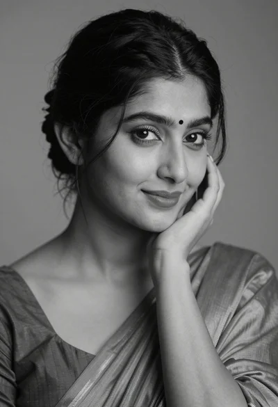 Black and white portrait of a young woman with dark hair styled in an elegant updo