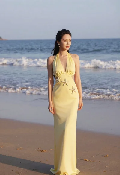 Woman in pale yellow halter gown standing on sandy beach at sunset