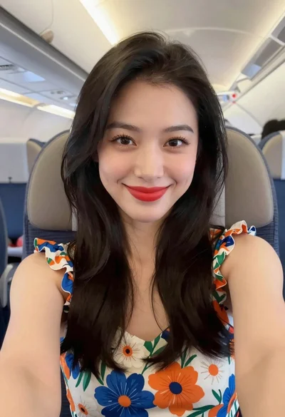 Close up selfie of smiling woman in floral top inside airplane cabin