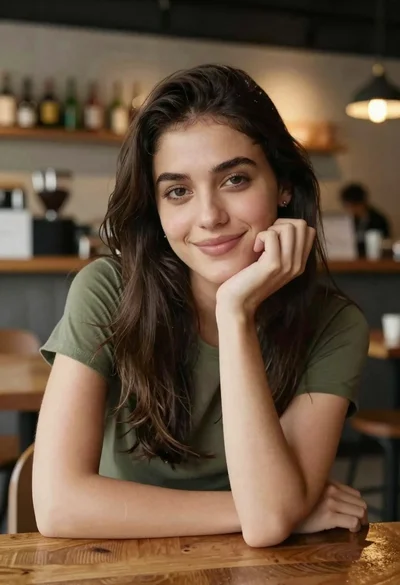 Young woman smiling at camera in cafe setting