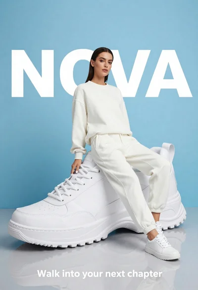 Stylish woman in white tracksuit leaning against oversized sneaker in studio