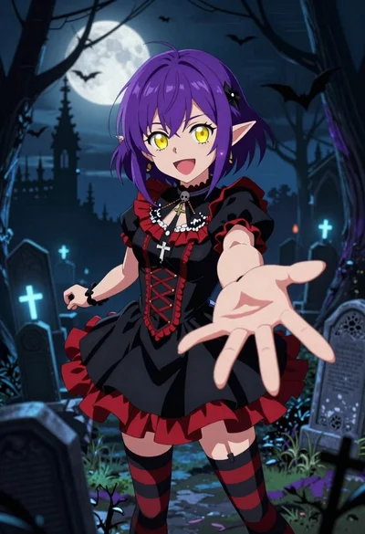 Anime vampire girl in a spooky graveyard at night