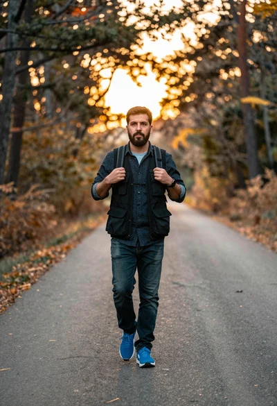 Man walking on paved road through forest during golden hour sunlight
